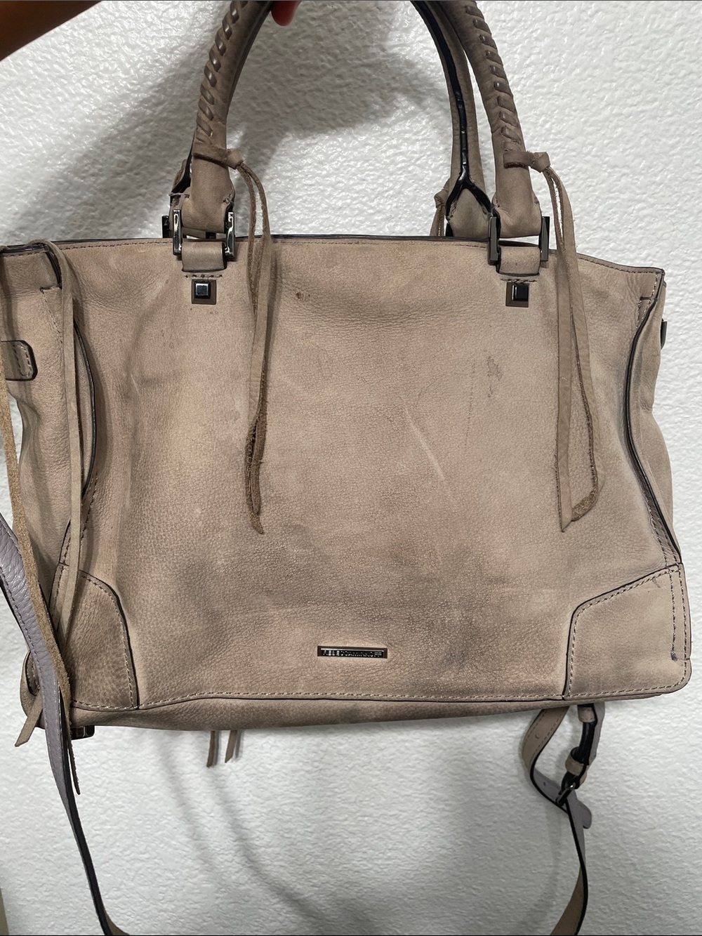 Rebecca Minkoff Taupe Suede Shoulder Bag with Stud & Whipstitch Detail